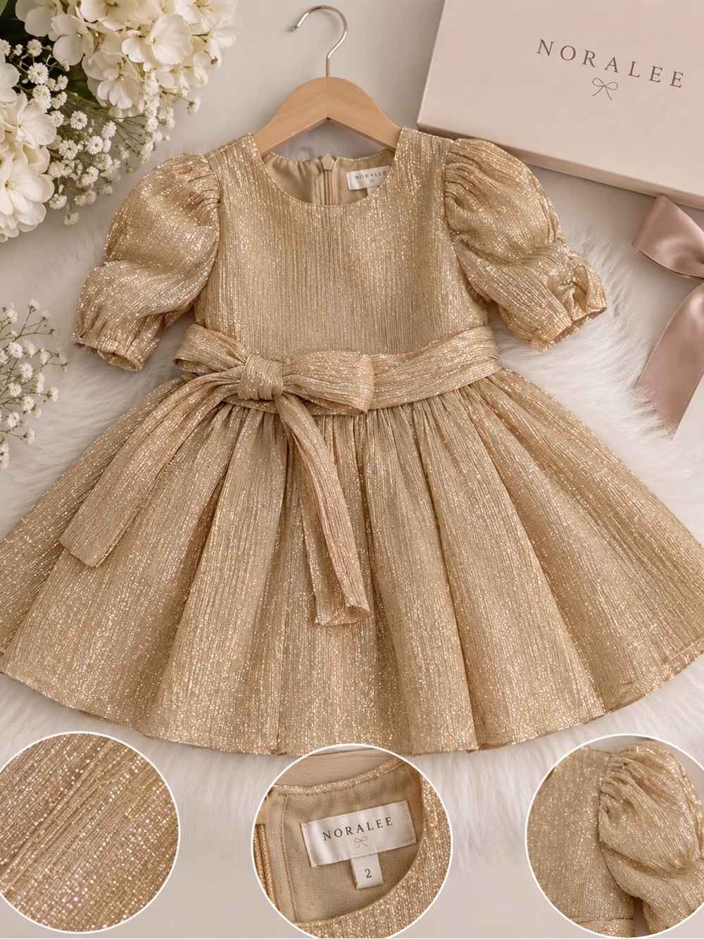 Noralee Gold Shimmer Puff-Sleeve Party Dress for Kids